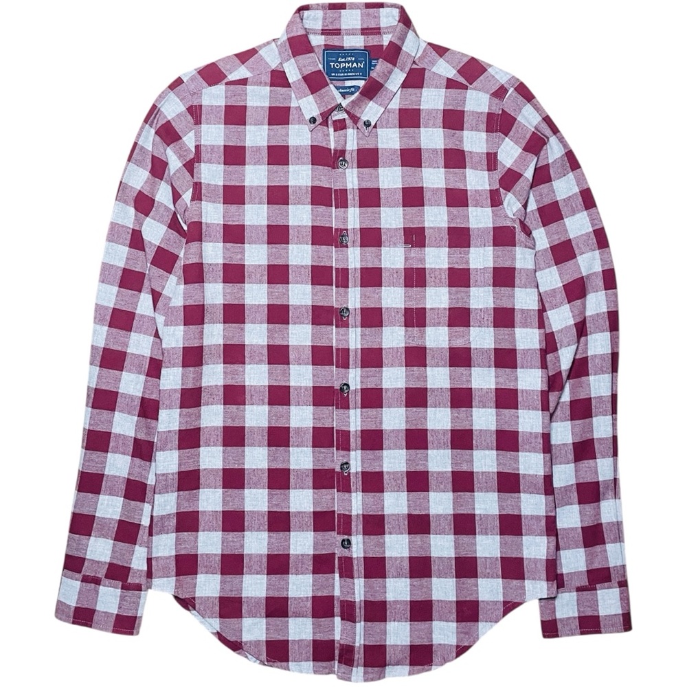 TOPMAN Flannel Shirt Mens Small SLIM FIT Burgundy Gray Button Up Long Sleeve
